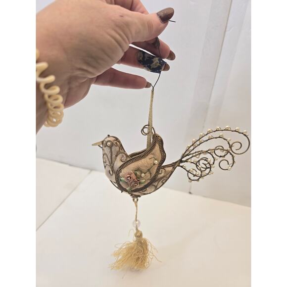 Victorian Style Bird Ornaments Gold Wire Floral Design Beads & Fringe Lot of 2 - Picture 2 of 4